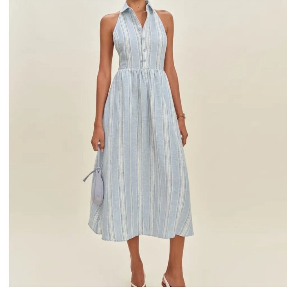 Reformation Light Blue & White Striped Halter Midi Dress